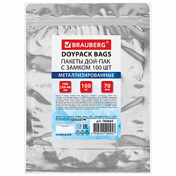 Пакеты дой-пак с замком ZIP LOCK, металлизированная + прозрачная стенка, 140х200 + 40 мм, КОМПЛЕКТ 100 штук, 70 мкм, BRAUBERG, 700684