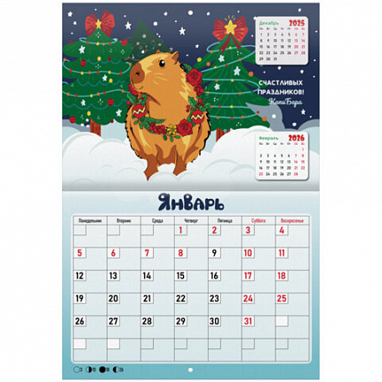 Календарь-планер настенный перекидной на 2026г, 12 листов, 30х21,3см, Советы капибары, BRAUBERG, 116953