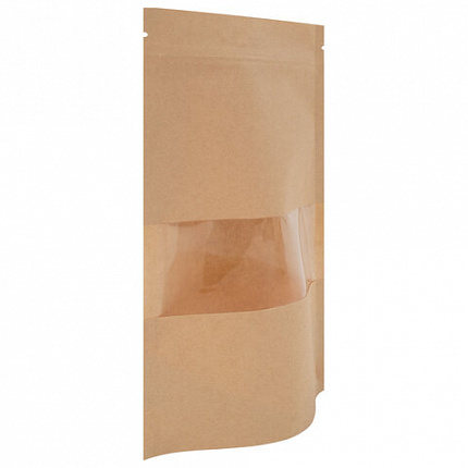 Пакеты дой-пак с замком ZIP LOCK, крафт с окном 50 мм, 150х220 + 40 мм, КОМПЛЕКТ 100 штук, 150 мкм, BRAUBERG, 700691