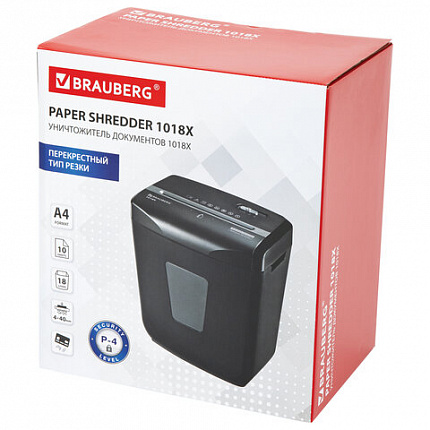Уничтожитель (шредер) BRAUBERG 1018X, 4 уровень секретности, фрагменты 4х40 мм, 10 листов, корзина 18 литров, 532150