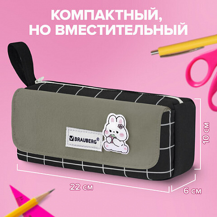 Пенал мягкий BRAUBERG, 1 отделение, карман на липучке, значок, 22х10х6 см, "Black checkered", 273579