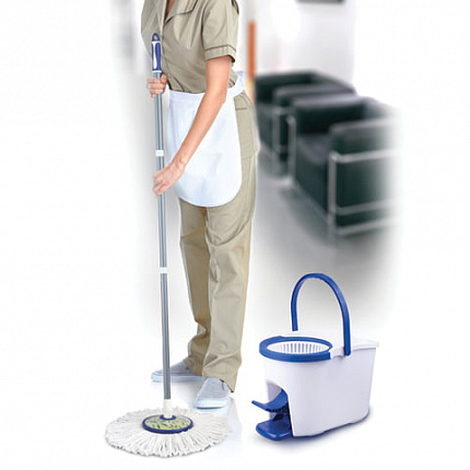 Швабра с отжимом и ведром 11л/5л, центрифуга, отжим педалью, круглая насадка липучка, бело-синий, LAIMA, 601459