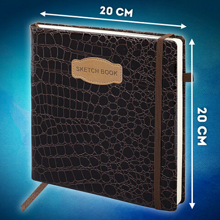Скетчбук, слоновая кость 140 г/м2, 200х200 мм, 80 л., КОЖЗАМ, резинка, BRAUBERG ART CLASSIC, CROCO, коричневый, 116473