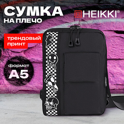 Сумка на плечо HEIKKI TORRENT (ХЕЙКИ) с карманом, "Chess emoji", черная, 25х18х3 см, 272638