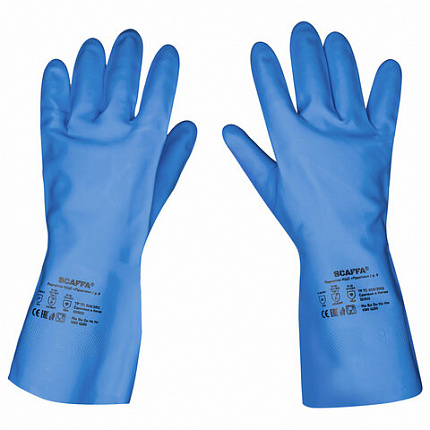 Перчатки нитриловые SCAFFA "Практик", хлопчатобумажное напыление, КЩС-1, размер 9, L (большой), синие, 00-01017722