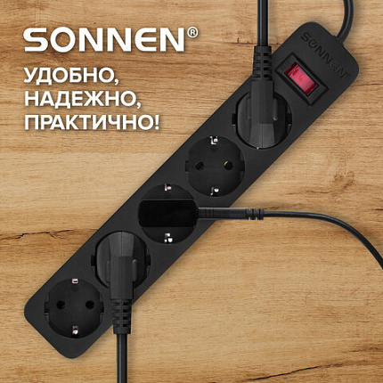 Сетевой фильтр SONNEN SPB-505, 5 розеток с заземлением, выключатель, 10 А, 5 м, черный, 513658