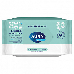 Полотенца влажные 60 шт., XXL, AURA "Family", универсальные, 14403