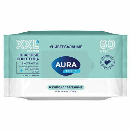 Полотенца влажные 60 шт., AURA "Family", универсальные, 14403