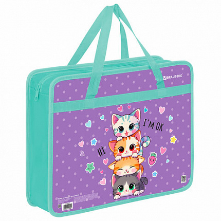 Папка на молнии с ручками BRAUBERG А4, 1 отделение, пластик, 80 мм, "Funny kittens", 273368