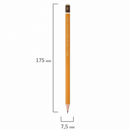 Карандаш чернографитный KOH-I-NOOR 1500, 1 шт., 6B, корпус желтый, заточенный, 150006B01170RU