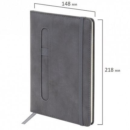 Блокнот А5 148x218 мм BRAUBERG "Optimal", под кожу, 80 листов, резинка, держатель для ручки, клетка, серый, 118638