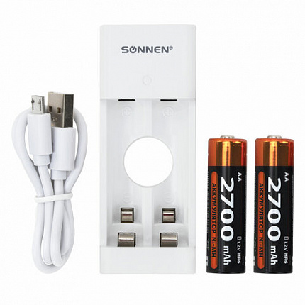 Батарейки аккумуляторные Ni-Mh с зарядным устройством пальчиковые 2 шт., AA 2700 mAh, SONNEN, 454239