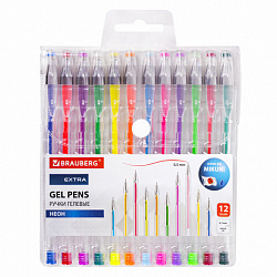 Ручки гелевые НЕОН BRAUBERG "EXTRA", НАБОР 12 ЦВЕТОВ, узел 0,7 мм, линия 0,5 мм, 143912