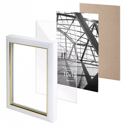 Рамка 10х15 см небьющаяся, багет 14,6 мм, пластик, BRAUBERG "Original Line", белая/золото, 391235