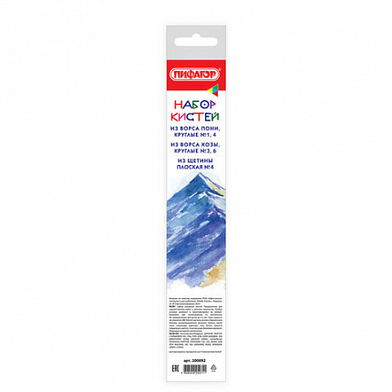 Кисти ПИФАГОР, набор 5 шт. (ПОНИ: круглые № 1, 4; КОЗА: круглые № 3, 6; ЩЕТИНА: плоская № 4), пакет с европодвесом, 200892