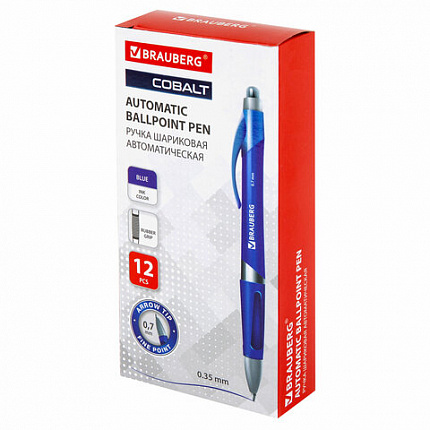 Ручка шариковая автоматическая с грипом BRAUBERG "Cobalt", СИНЯЯ, корпус синий, узел 0,7 мм, линия письма 0,35 мм, 141068