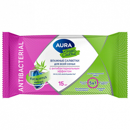 Салфетки влажные 15 шт., AURA Tropic Cocktail, c антибактериальным эффектом, 10388