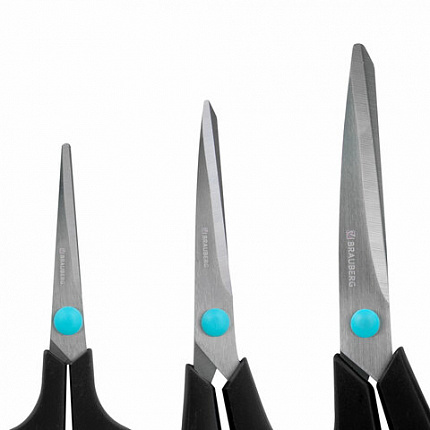 Ножницы BRAUBERG SOFT GRIP, НАБОР 3 штуки (140, 190, 230 мм), эргономичные черно-бирюзовые ручки, ВЫГОДНАЯ УПАКОВКА, 238411