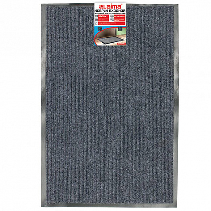 Коврик входной ворсовый влаго-грязезащитный 60х90 см, толщина 7 мм, ребристый, серый, LAIMA, 602867
