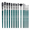 Кисти художественные набор 15 шт.+мастихин, в пенале, изумрудные, синтетика, BRAUBERG ART DEBUT, 201045