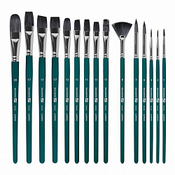 Кисти художественные набор 15 шт.+мастихин, в пенале, изумрудные, синтетика, BRAUBERG ART DEBUT, 201045