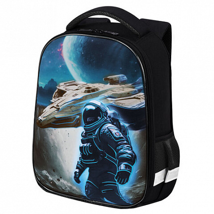 Ранец BRAUBERG KIDS START, 1 отделение, 2 кармана, "Space conqueror", СВЕТЯЩИЙСЯ, 35х26х13 см, 274408
