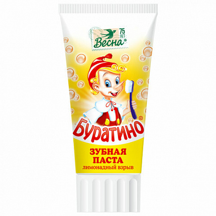 Зубная паста детская 75 мл БУРАТИНО (Весна) "Лимонадный взрыв", бережно очищает, 1827