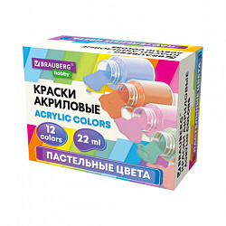 Краски акриловые художественные 12 ПАСТЕЛЬНЫХ цветов в банках по 22 мл, BRAUBERG HOBBY, 192411