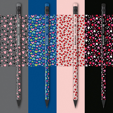 Карандаш чернографитный BRAUBERG "HEARTS", 1 шт., HB, с ластиком, корпус ассорти, 181762