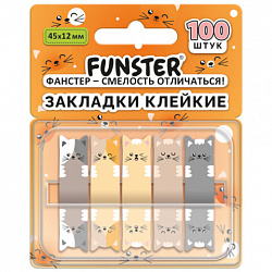 Закладки клейкие Z-сложения FUNSTER (ФАНСТЕР) "Коты", 45х12 мм, 100 шт. (5 цветов х 20 листов), в диспенсере, 116690
