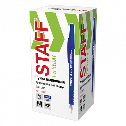 Ручка шариковая STAFF "EVERYDAY" BP-190, СИНЯЯ, корпус прорезиненный синий, узел 0,7 мм, линия письма 0,35 мм, 142397