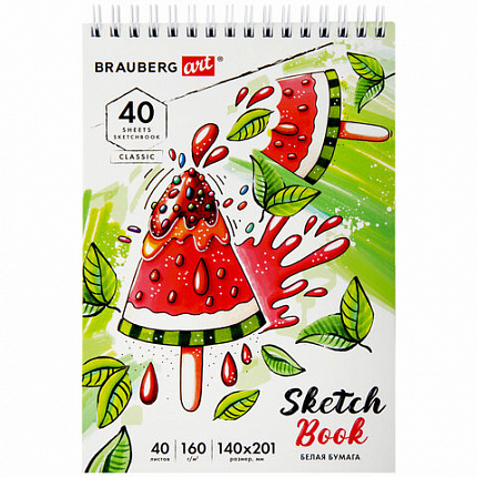 Скетчбук, белая бумага 160 г/м2, 140х201 мм, 40 л., гребень, жесткая подложка, BRAUBERG ART, ассорти, 115071