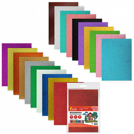Пористая резина/фоамиран А4, 2 мм, НАБОР, 20 листов, 20 цветов, яркие цвета, блестки, ОСТРОВ СОКРОВИЩ, 665103