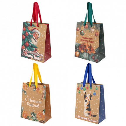 Пакет подарочный (1 шт.) новогодний, 18х10х23 см, "Зимнее волшебство", крафт, ассорти, ЗОЛОТАЯ СКАЗКА, 592435