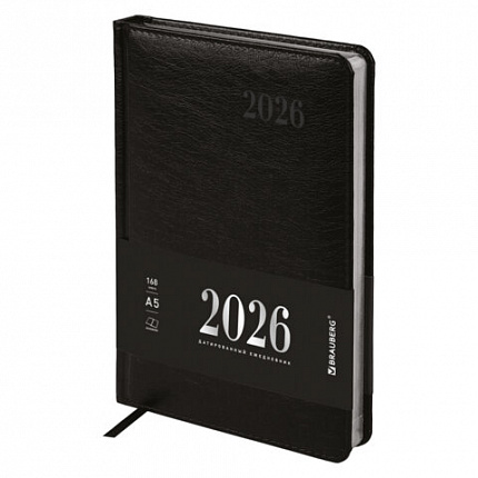 Ежедневник датированный 2026, А5, 138х213 мм, BRAUBERG "Impression", под кожу, черный, 117510