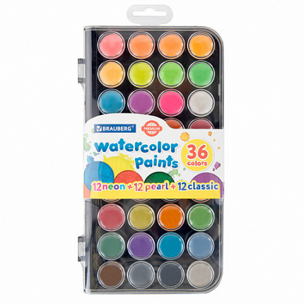 Краски акварельные BRAUBERG "PREMIUM" 36 цветов (12 базовых + 12 неоновых + 12 металлик) пенал, 191807