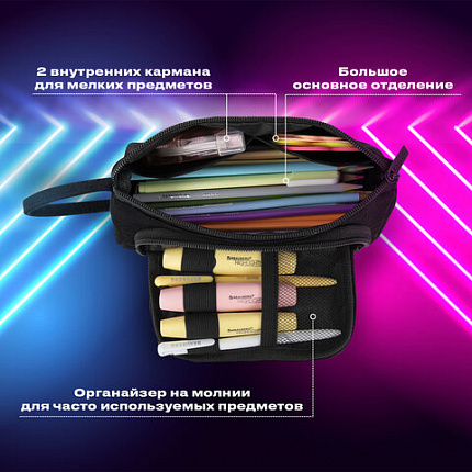Пенал-косметичка BRAUBERG с ручкой, 1 откидная планка, полиэстер, 22x10х8 см, Black, 272339
