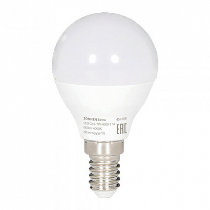 Лампа светодиодная SONNEN EXTRA, 7 (60) Вт, E14, шар, нейтральный белый, 30000 ч, LED G45-7W-4000-Е14, 457908
