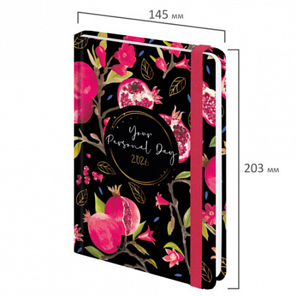 Ежедневник датированный 2026 с резинкой 145х203 мм, А5, BRAUBERG, твердый, фольга, "Гранаты", 117333