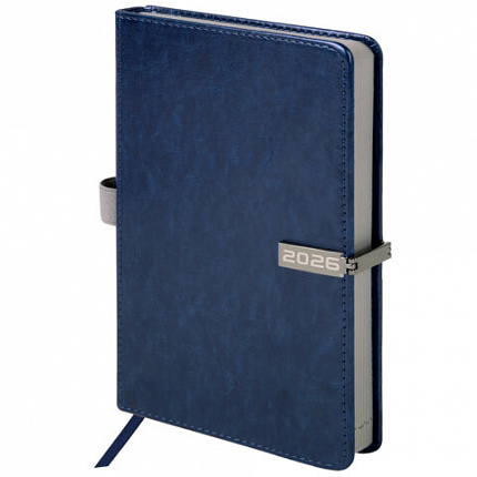 Ежедневник датированный 2026 А5 138x213 мм, BRAUBERG "Inspiration", под кожу, цветной срез, синий, 117474