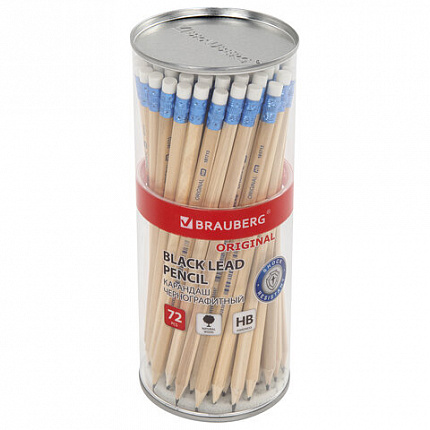 Карандаш чернографитный BRAUBERG "ORIGINAL", 1 шт., HB, с ластиком, некрашеный корпус, 181713