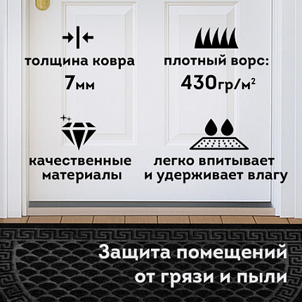 Коврик придверный 60х90 см, ЧЕРНЫЙ, грязезащитный, 430 г/м2, ПОЛУКРУГ, фактурный рисунок ЧЕШУЙКИ, ЛЮБАША, 701051