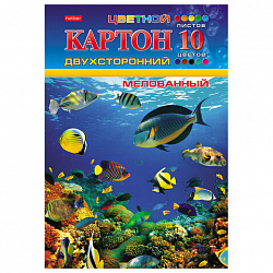 Картон цветной А4, 2-сторонний, МЕЛОВАННЫЙ, 10 листов, 10 цветов, в папке, HATBER, 195х280 мм, "Подводный мир", 095543, 10Кц4_04109