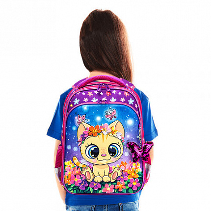 Ранец BRAUBERG QUADRO, 3 отделения, с брелком, "Charming kitten", 37х28х18 см, 270602