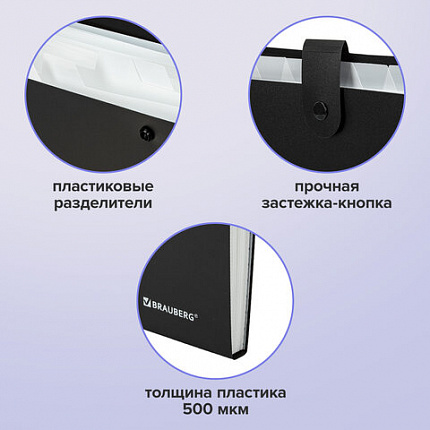 Папка-органайзер на кнопке 12 отделений, BRAUBERG "Extra", А4, черная с белым, 271930