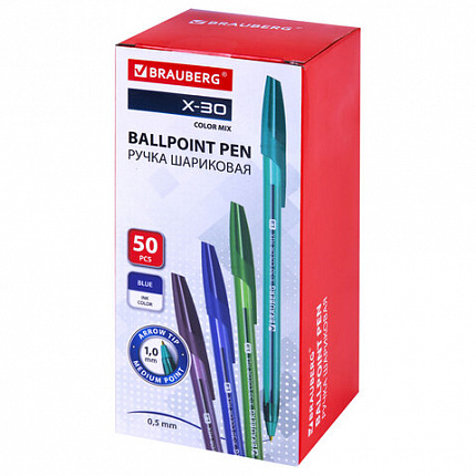 Ручка шариковая BRAUBERG X-30 COLOR MIX, СИНЯЯ, мягкое письмо, пишущий узел 1 мм, линия письма 0,5 мм, 144335