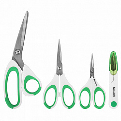 Ножницы BRAUBERG "MAXI" КОМПЛЕКТ 4 шт.: 115, 145, 205 мм + сниппер (для ниток), бело-зеленые ручки, 272982