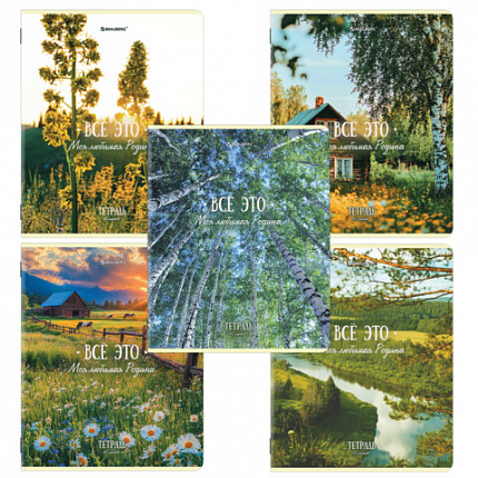 Тетрадь А5, 48 л., BRAUBERG, скоба, клетка, глянцевый лак, Русская природа (микс в спайке), 405651