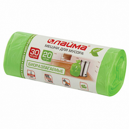 Мешки для мусора биоразлагаемые 30 л, зеленые, в рулоне 20 шт. прочные, ПНД 11 мкм, 50х60 см, LAIMA, 601400