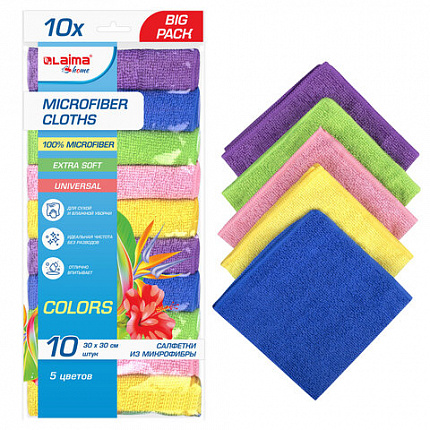 Салфетки из МИКРОФИБРЫ 30х30 см MULTI COLOUR, big pack, КОМПЛЕКТ 10 шт., 180 г/м2, LAIMA HOME, 607794